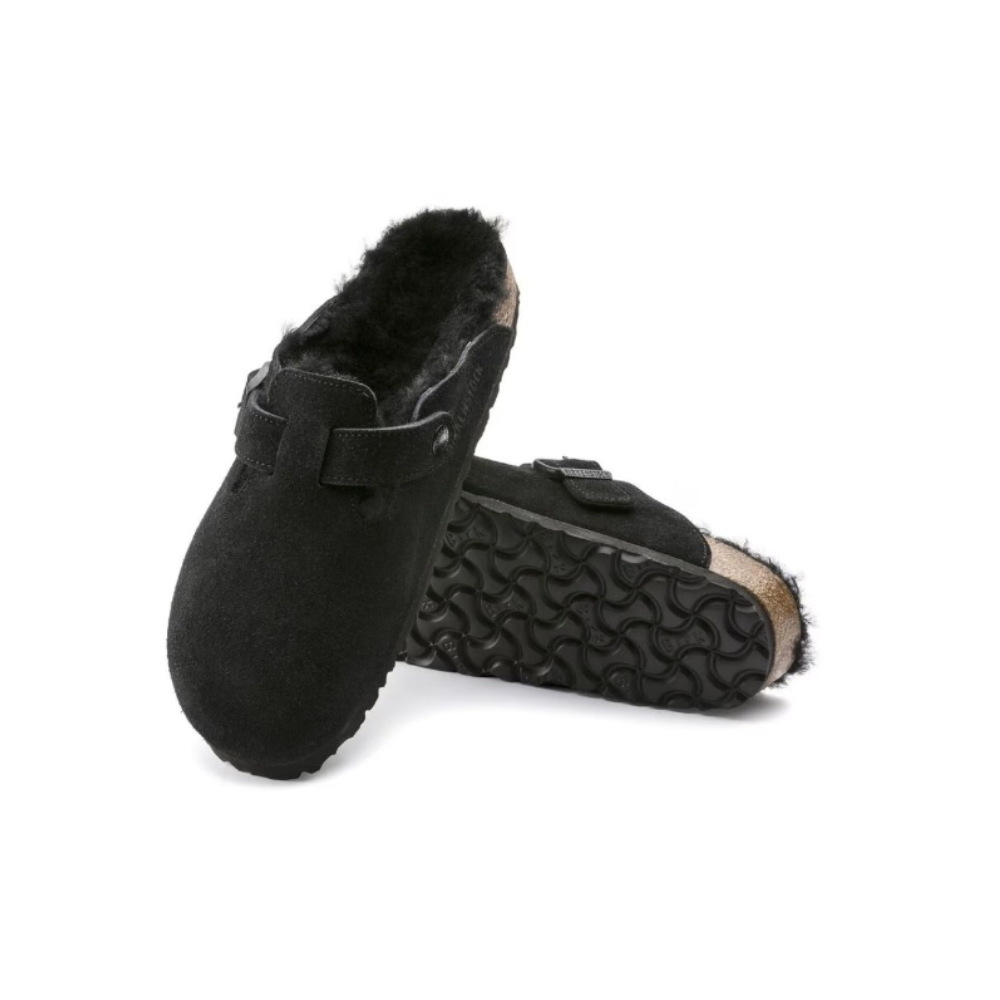 Birkenstock Boston VL Shearling Suede Leather Black Unisex Clog Sandal