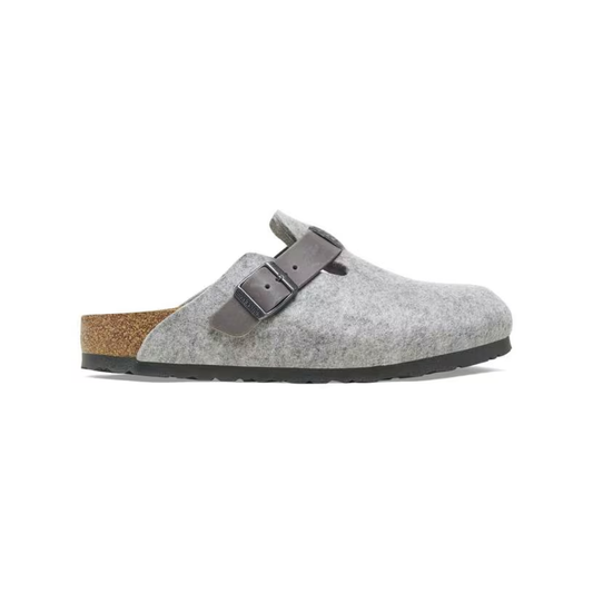 Birkenstock Unisex Boston Clog Sandals Natural Leather-Felt- Light Gray