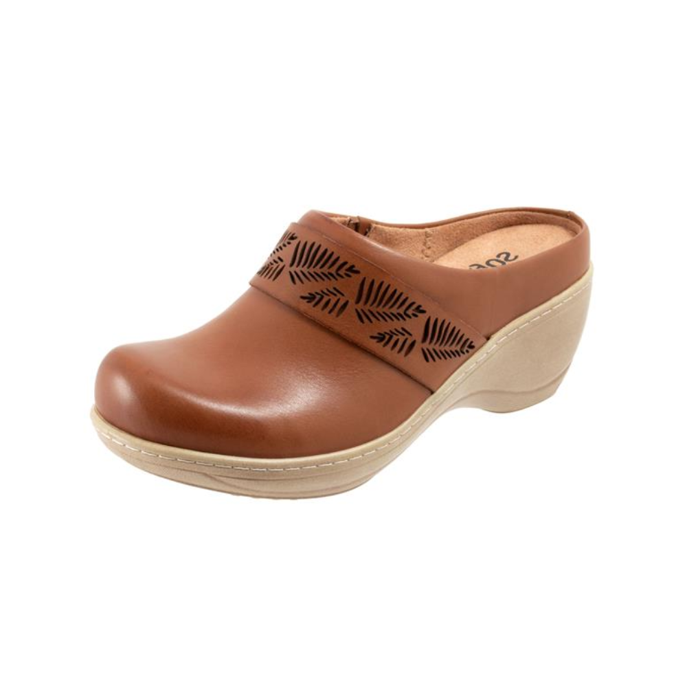 Softwalk Women's Melita Clog Comfortable Leather Platform Wedge - Luggage