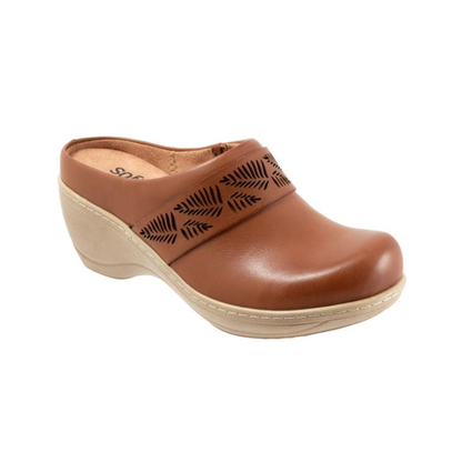 Softwalk Women's Melita Clog Comfortable Leather Platform Wedge - Luggage