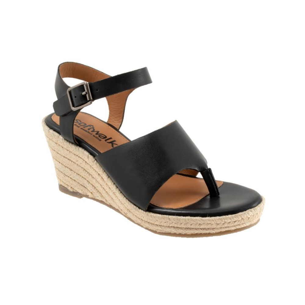 SoftWalk Hilo Women's Leather Platform Wedge Sandal - Black