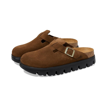 Birkenstock Boston Chunky Clog Womens Suede Platform Shoes Dark Tea