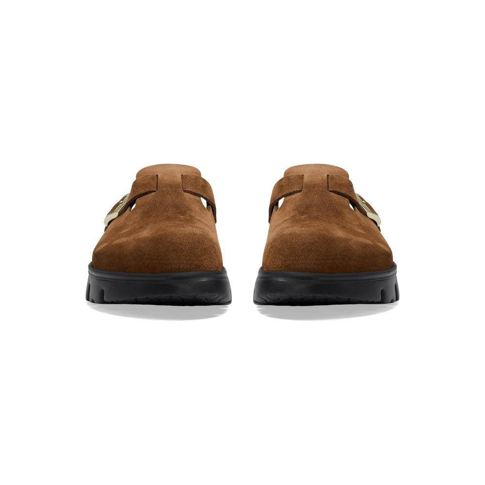 Birkenstock Boston Chunky Clog Womens Suede Platform Shoes Dark Tea