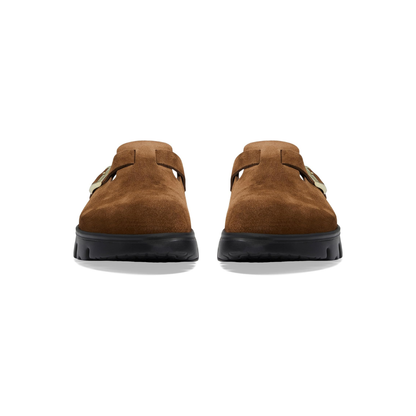 Birkenstock Boston Chunky Clog Womens Suede Platform Shoes Dark Tea